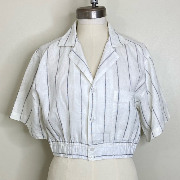 VINTAGE DAVID MICHAELS 100%LINEN WHITE/ BLACK PINSTRIPE BUTTON DOWN CROP BLOUSE - Picture 3 of 13